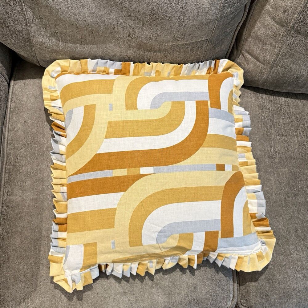 Handmade Set of 2 Throw Pillow Covers 18x18 Geometric Ruffle Trim Hidden Zipper - Picture 8 of 12